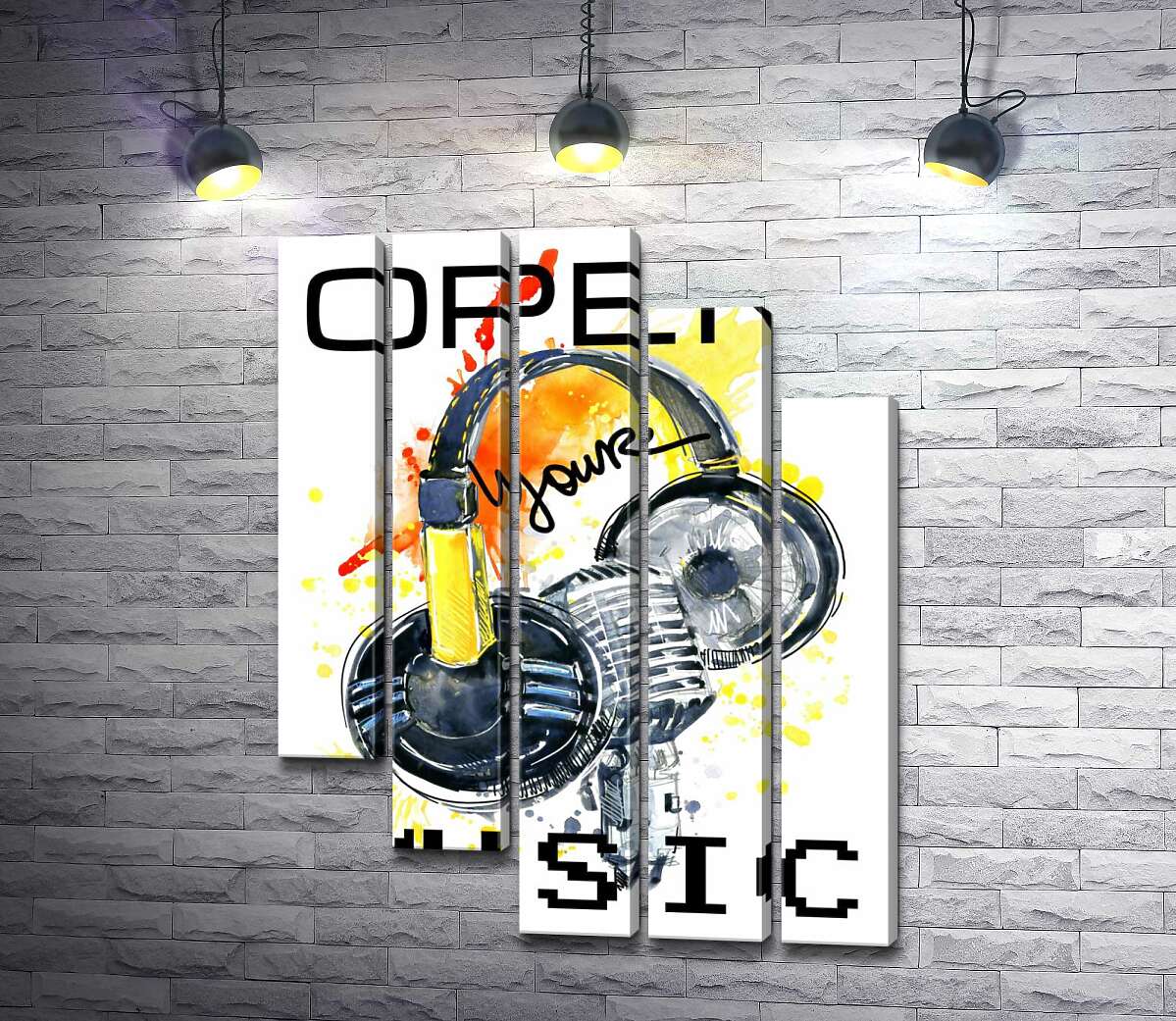 модульна картина Навушники та мікрофон на помаранчевому фоні з написом "open your music" (Модуль №28)