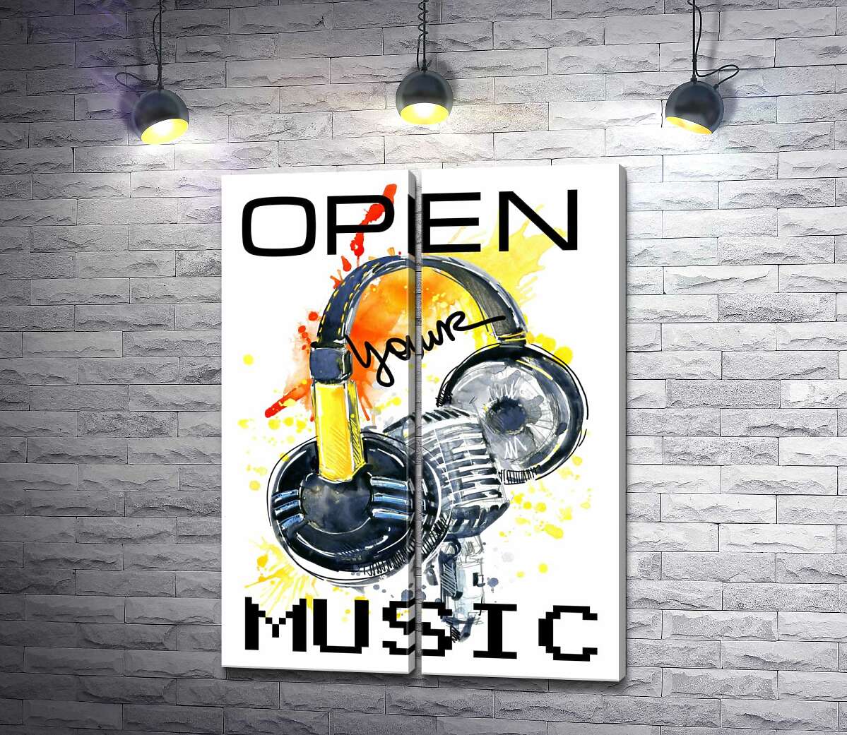 модульная картина Наушники и микрофон на оранжевом фоне с надписью "open your music"