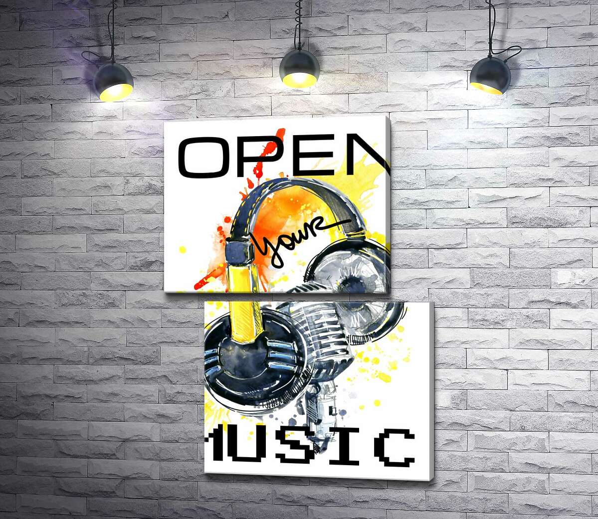 модульная картина Наушники и микрофон на оранжевом фоне с надписью "open your music" (Модуль №8)