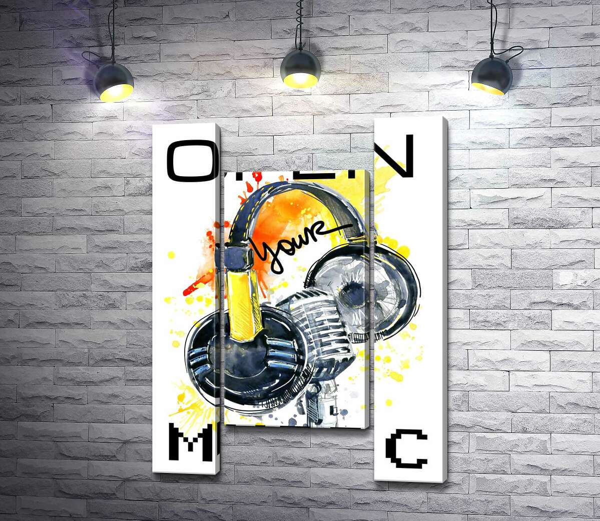 модульна картина Навушники та мікрофон на помаранчевому фоні з написом "open your music" (Модуль №11)
