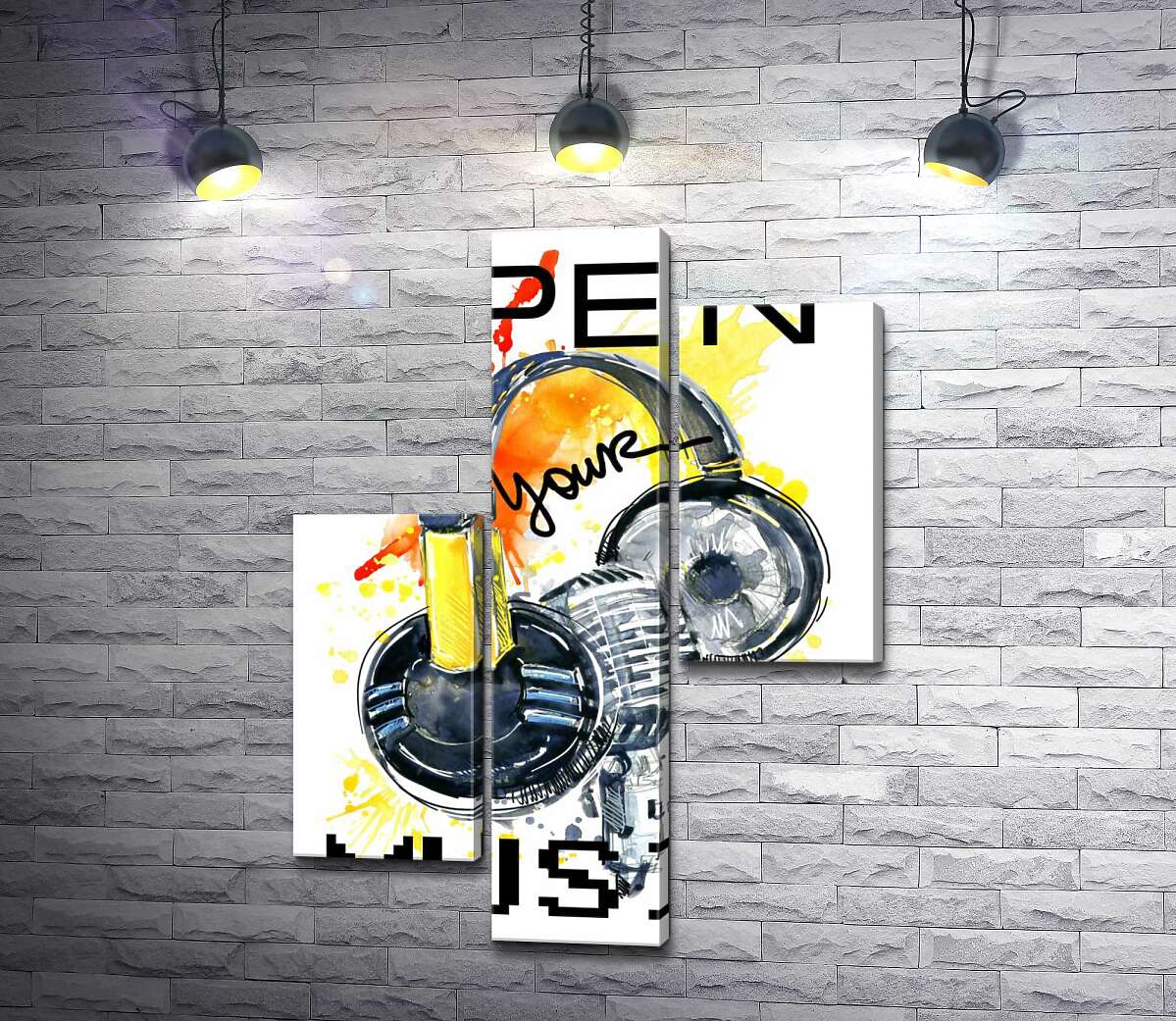 модульна картина Навушники та мікрофон на помаранчевому фоні з написом "open your music" (Модуль №12)