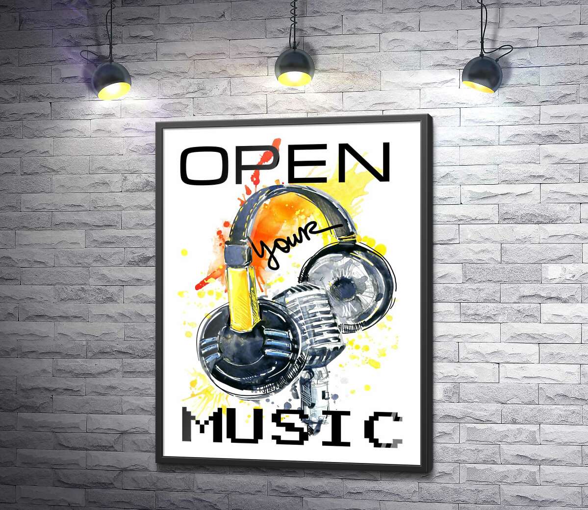 постер Наушники и микрофон на оранжевом фоне с надписью "open your music"