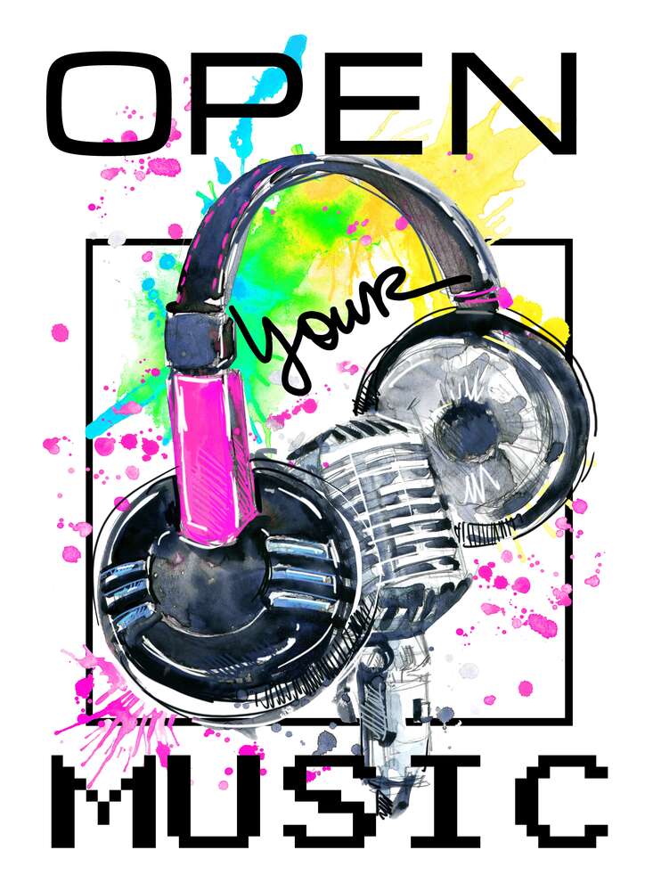 картина-постер Навушники та мікрофон на бризках жовто-зеленого фону з написом "open your music"