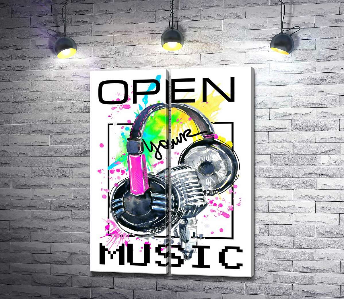 модульна картина Навушники та мікрофон на бризках жовто-зеленого фону з написом "open your music"