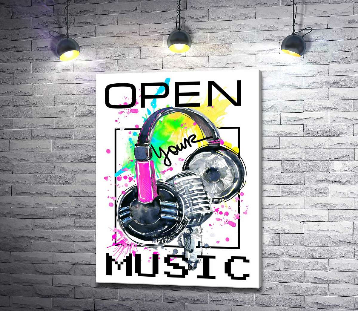 картина Навушники та мікрофон на бризках жовто-зеленого фону з написом "open your music"