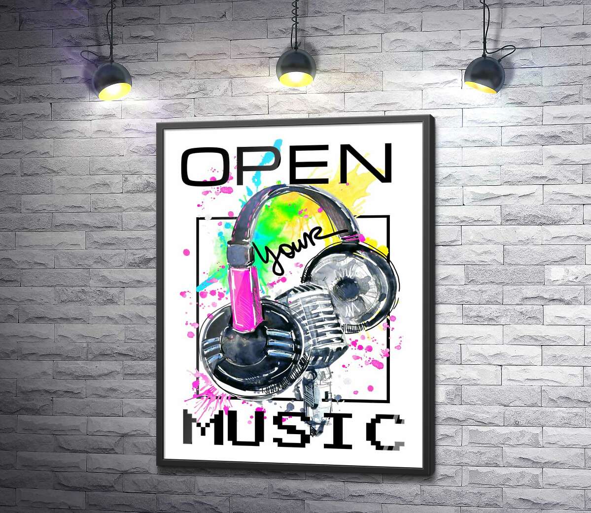 постер Наушники и микрофон на брызгах желто-зеленого фона с надписью "open your music"