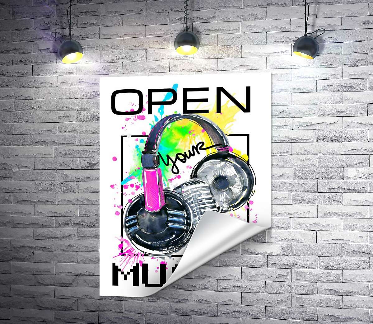 друк Навушники та мікрофон на бризках жовто-зеленого фону з написом "open your music"
