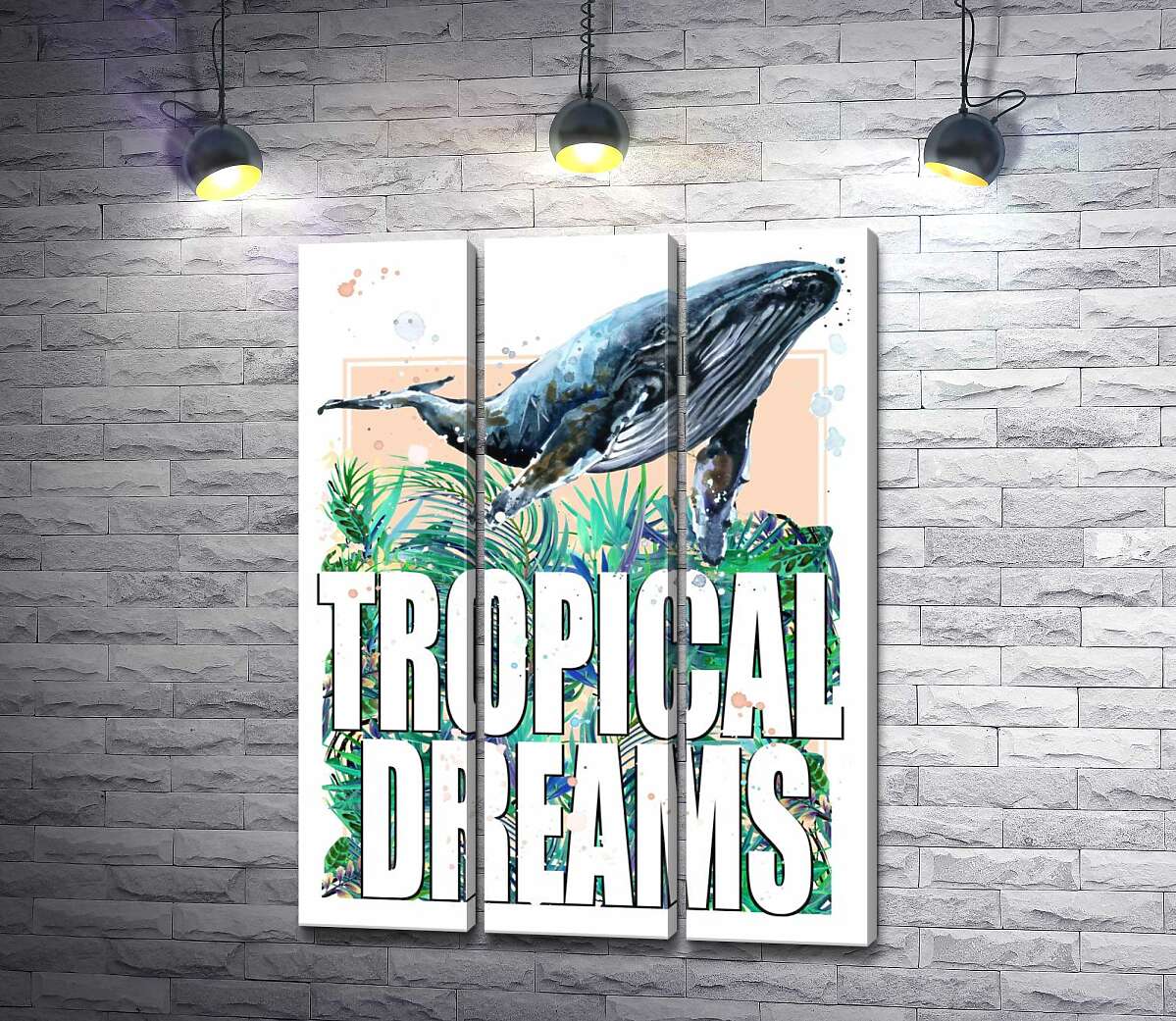 модульная картина Кит проплывает над пальмовыми листьями с надписью "tropical dreams"