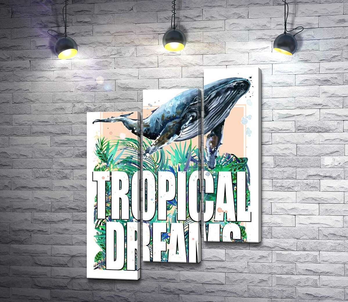 модульна картина Кит пропливає над пальмовим листям з написом "tropical dreams" (Модуль №14)