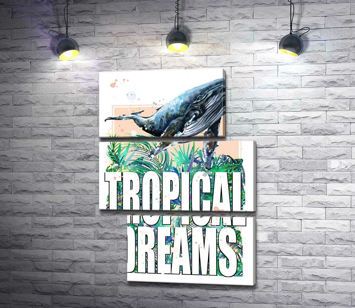 модульная картина Кит проплывает над пальмовыми листьями с надписью "tropical dreams" (Модуль №16)