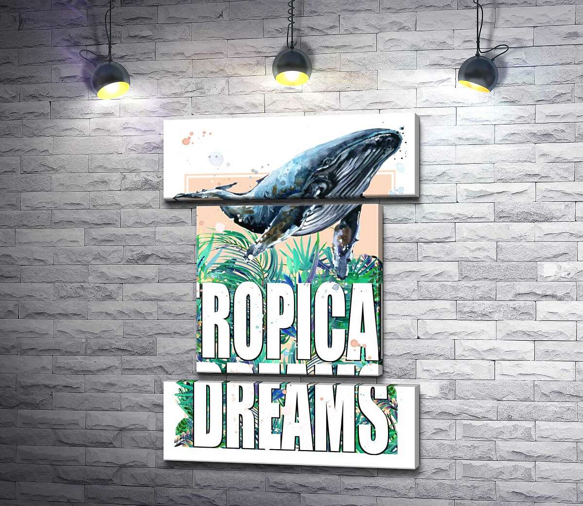 модульная картина Кит проплывает над пальмовыми листьями с надписью "tropical dreams" (Модуль №18)