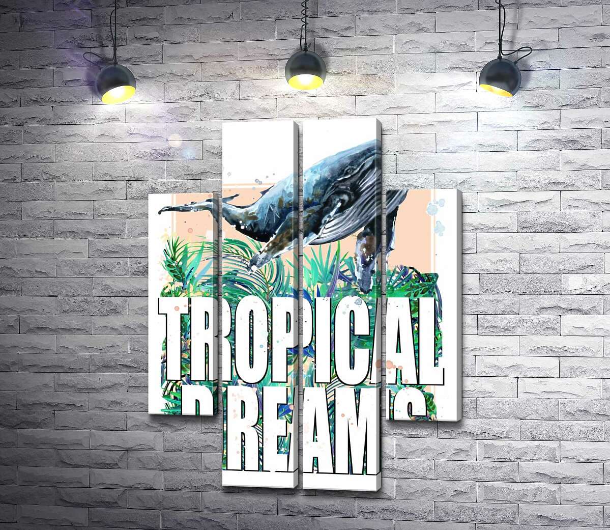 модульная картина Кит проплывает над пальмовыми листьями с надписью "tropical dreams" (Модуль №20)