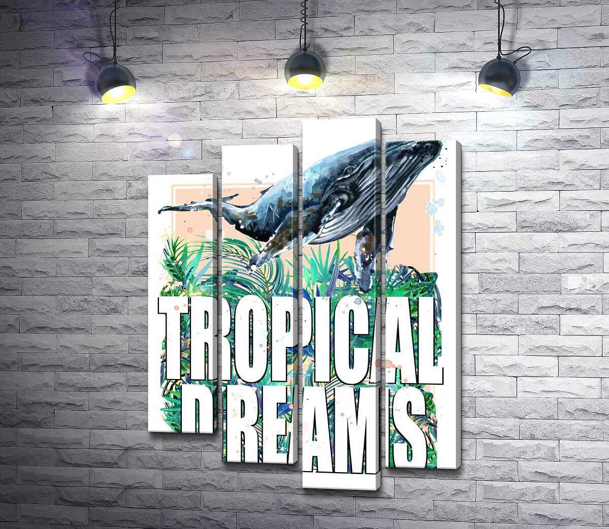 модульна картина Кит пропливає над пальмовим листям з написом "tropical dreams" (Модуль №3)