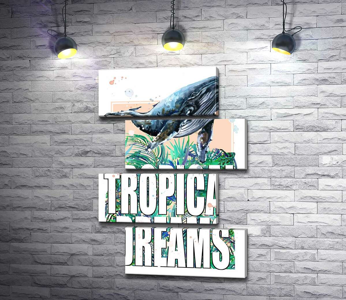 модульная картина Кит проплывает над пальмовыми листьями с надписью "tropical dreams" (Модуль №23)