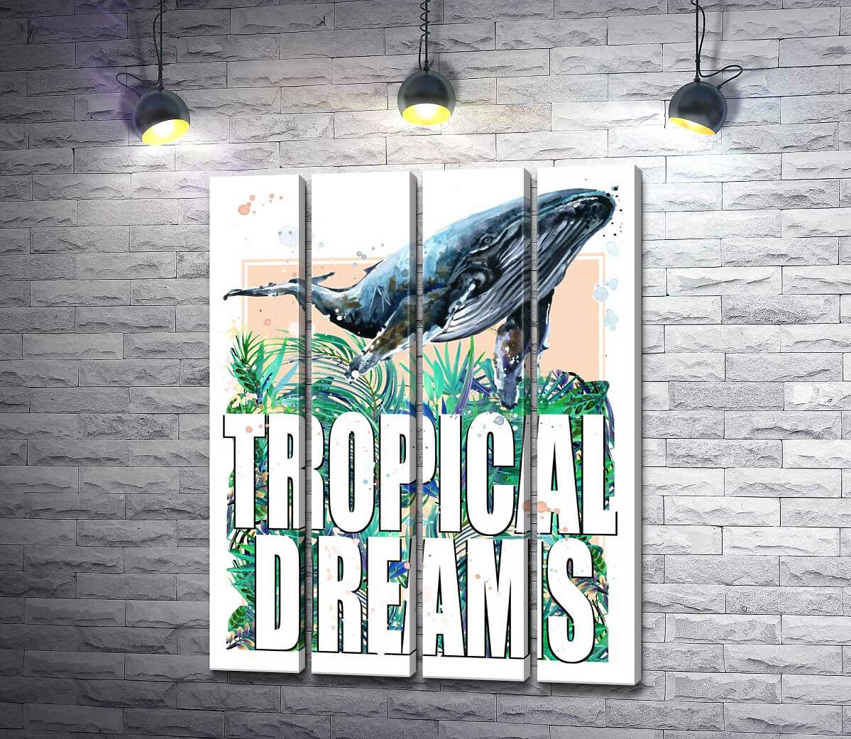 модульна картина Кит пропливає над пальмовим листям з написом "tropical dreams" (Модуль №24)