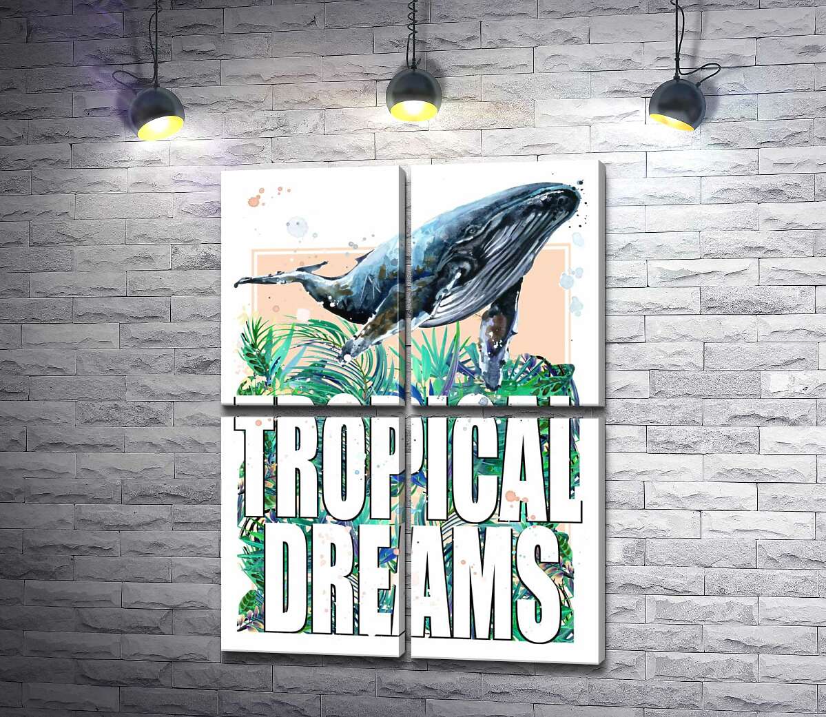 модульная картина Кит проплывает над пальмовыми листьями с надписью "tropical dreams" (Модуль №25)