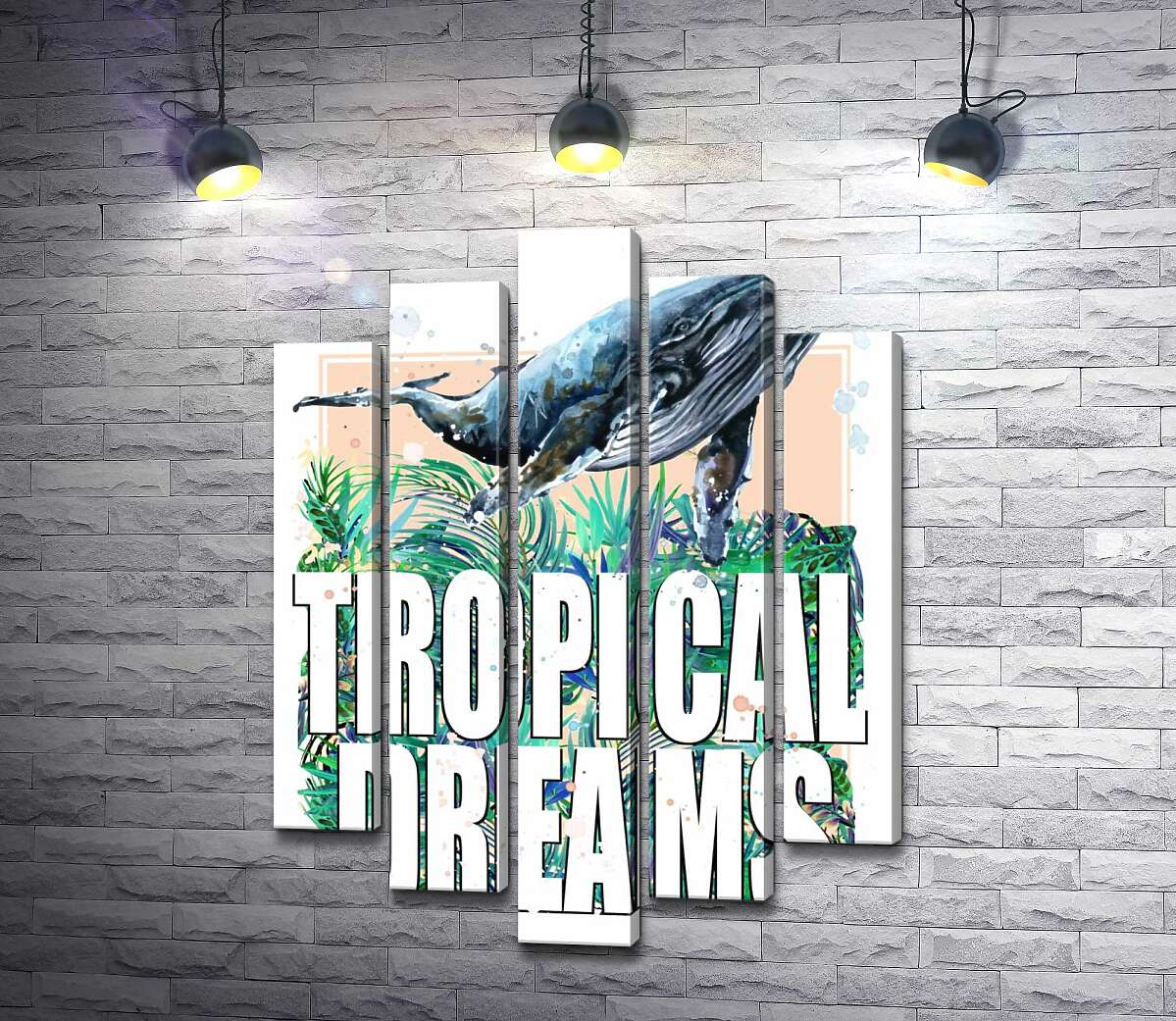модульна картина Кит пропливає над пальмовим листям з написом "tropical dreams" (Модуль №4)