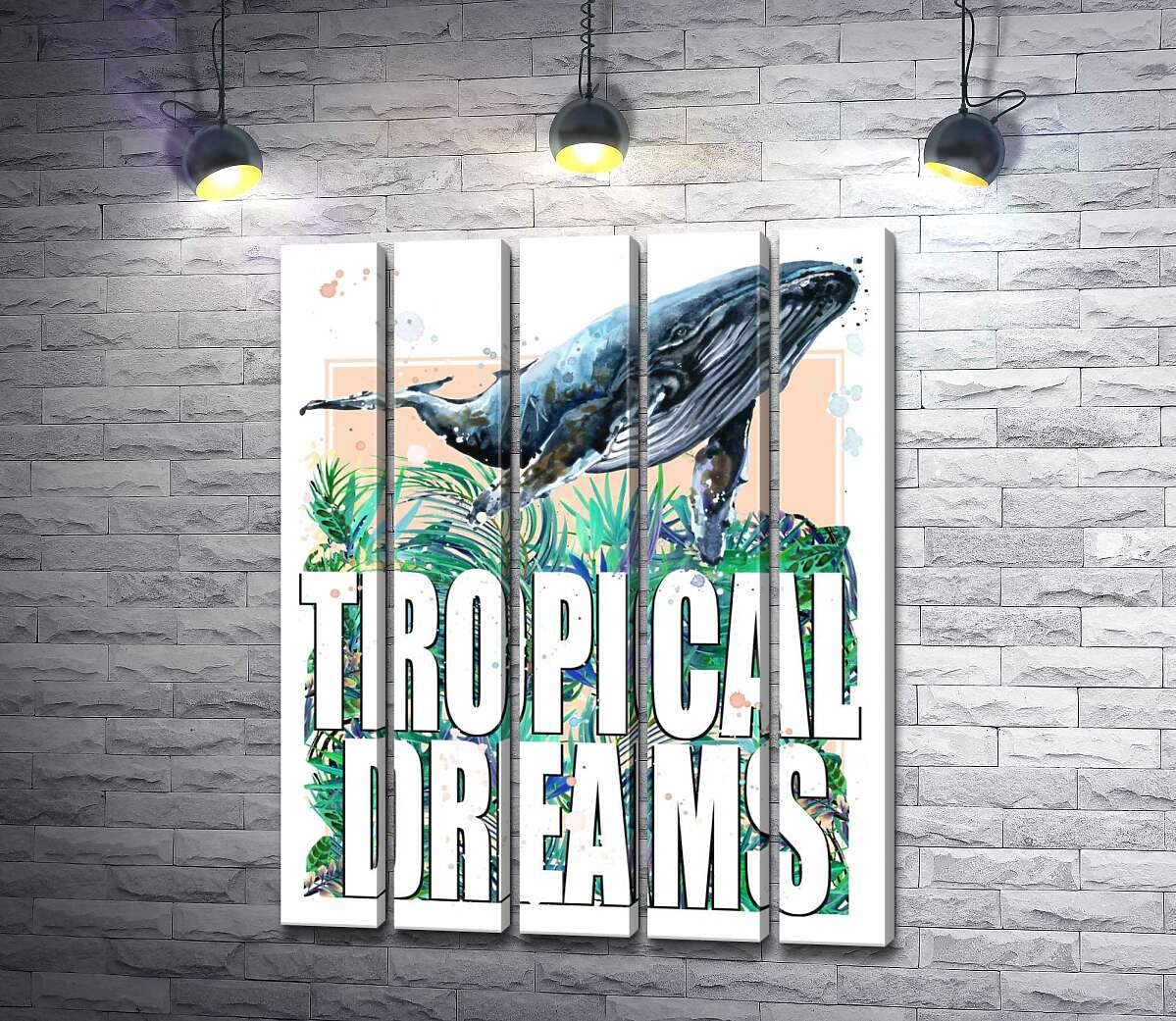 модульная картина Кит проплывает над пальмовыми листьями с надписью "tropical dreams" (Модуль №26)