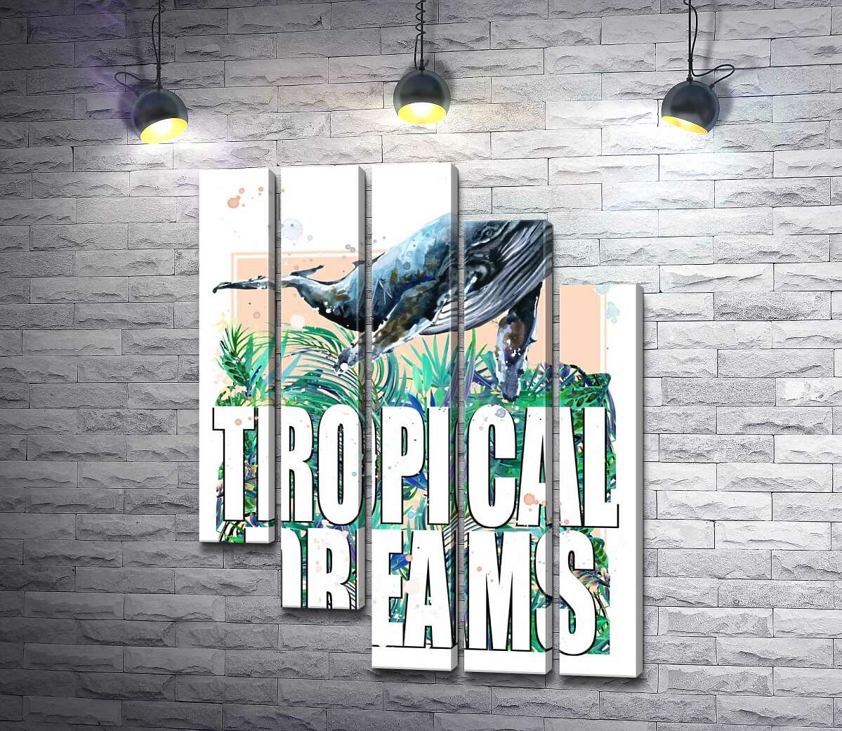 модульна картина Кит пропливає над пальмовим листям з написом "tropical dreams" (Модуль №28)