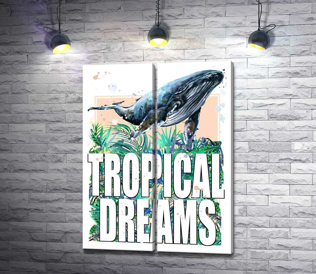 модульная картина Кит проплывает над пальмовыми листьями с надписью "tropical dreams"