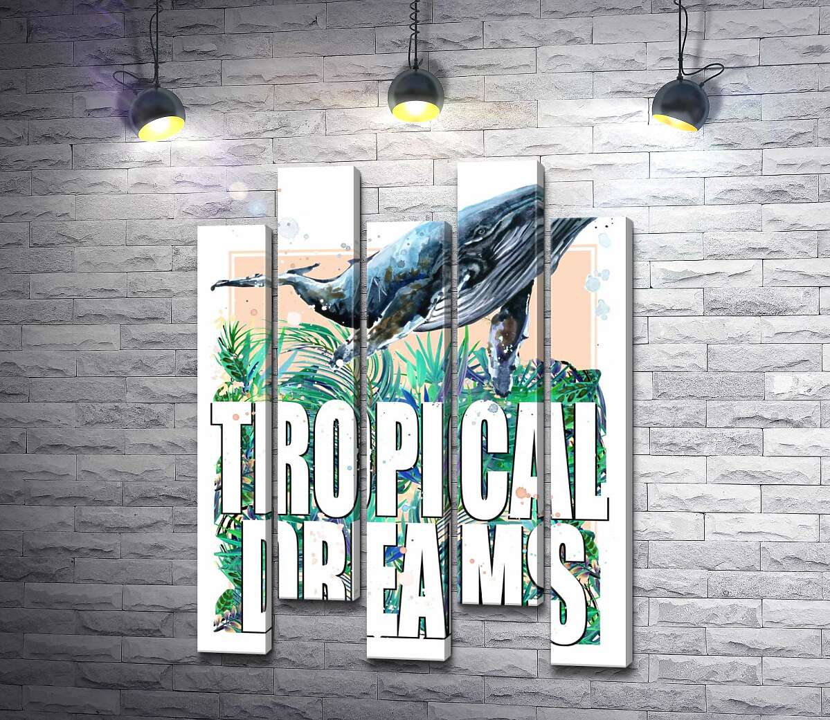 модульная картина Кит проплывает над пальмовыми листьями с надписью "tropical dreams" (Модуль №30)