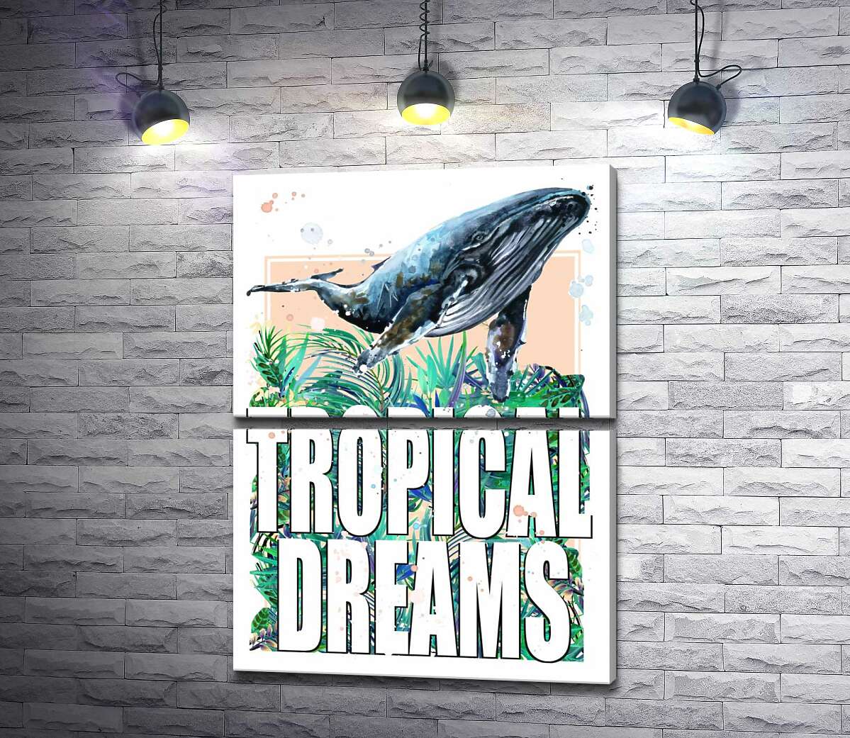 модульная картина Кит проплывает над пальмовыми листьями с надписью "tropical dreams" (Модуль №7)