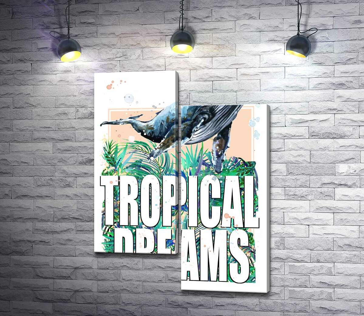модульная картина Кит проплывает над пальмовыми листьями с надписью "tropical dreams" (Модуль №9)
