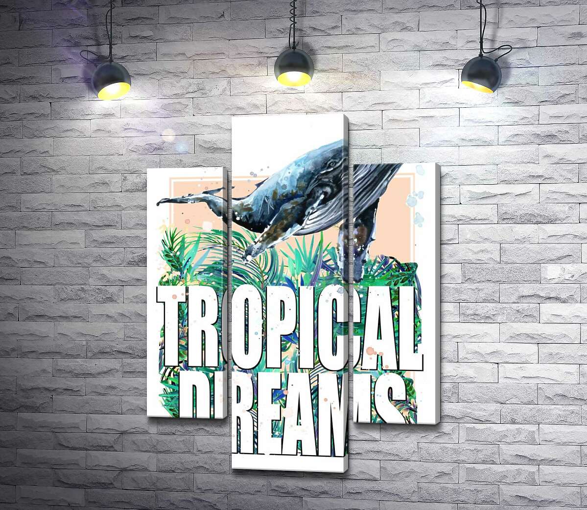 модульная картина Кит проплывает над пальмовыми листьями с надписью "tropical dreams" (Модуль №10)