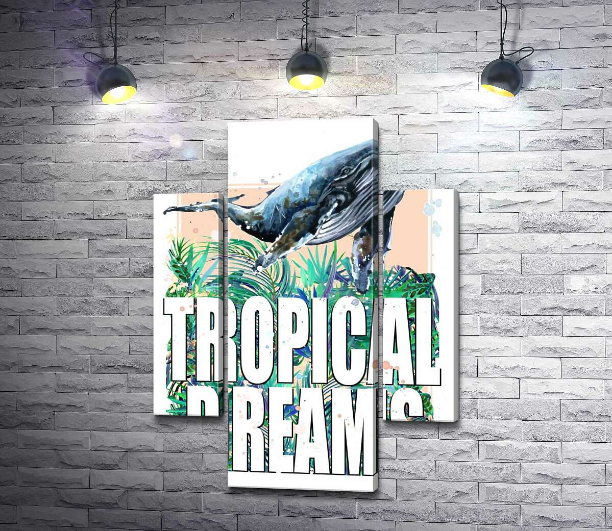 модульная картина Кит проплывает над пальмовыми листьями с надписью "tropical dreams" (Модуль №5)