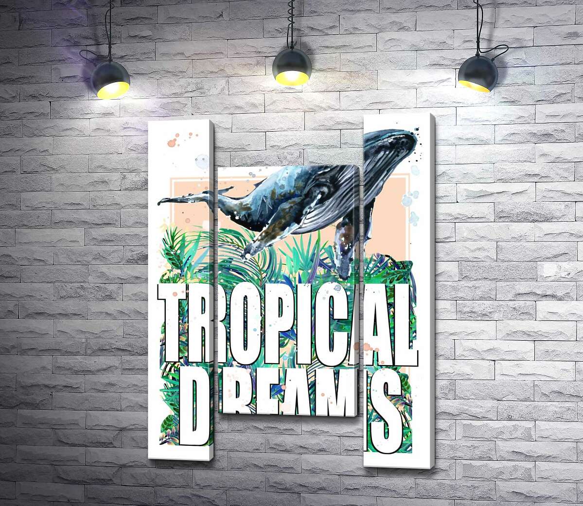 модульная картина Кит проплывает над пальмовыми листьями с надписью "tropical dreams" (Модуль №11)