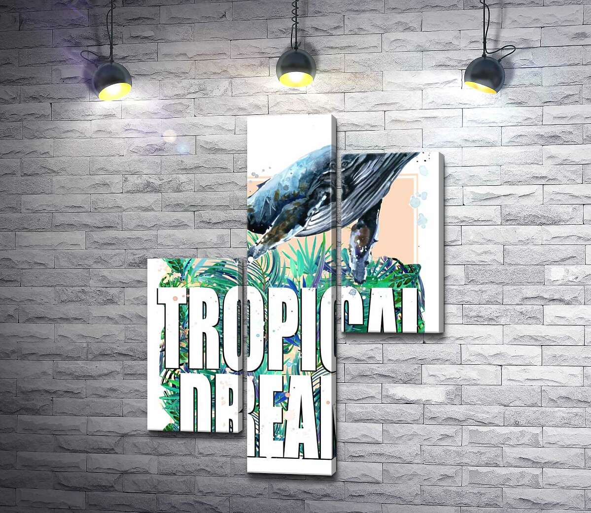 модульная картина Кит проплывает над пальмовыми листьями с надписью "tropical dreams" (Модуль №12)