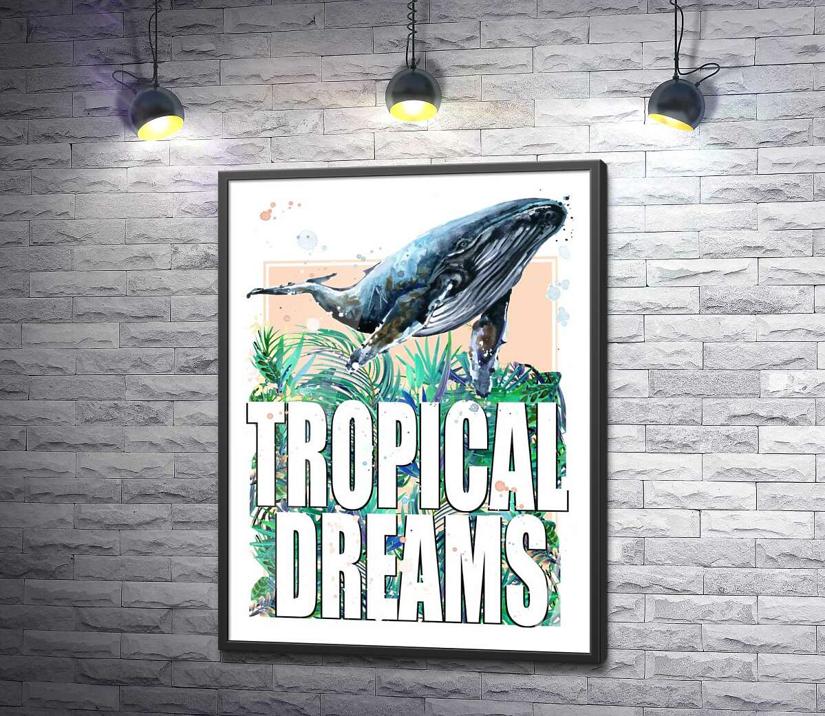 постер Кит проплывает над пальмовыми листьями с надписью "tropical dreams"