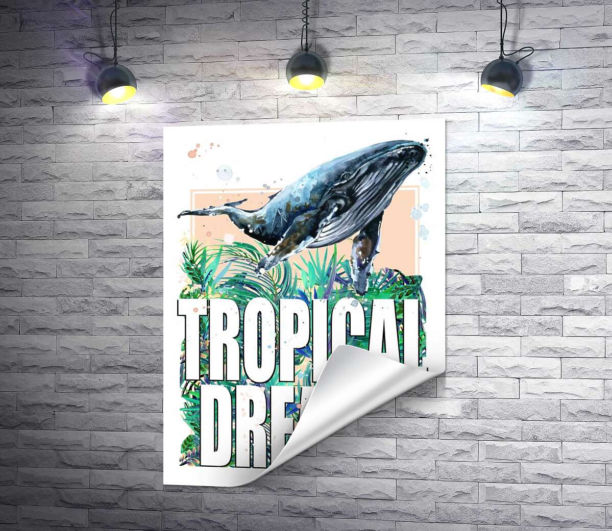 печать Кит проплывает над пальмовыми листьями с надписью "tropical dreams"