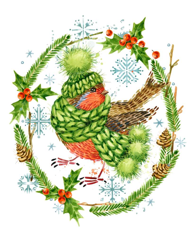 картина-постер Снегирь закутался в шапку и шарф среди венка из елки и остролиста