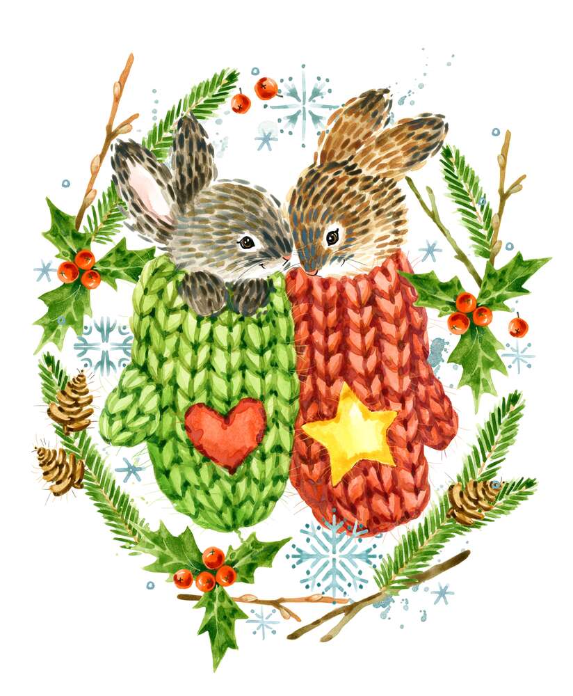 картина-постер Венок из елки и остролиста окружил зайцев в вязаных свитерах