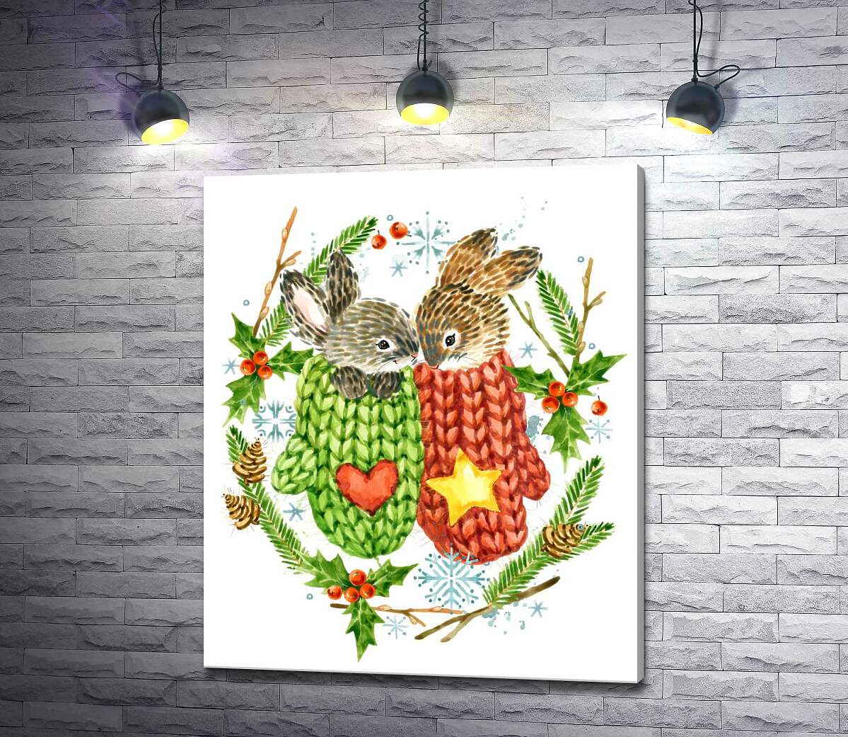 картина Вінок з ялинки та гостролиста оточив зайців у в'язаних светрах