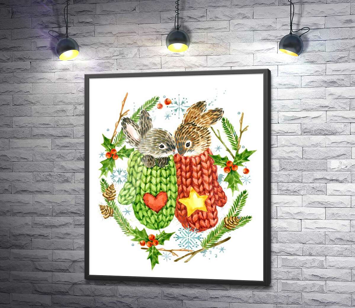постер Венок из елки и остролиста окружил зайцев в вязаных свитерах