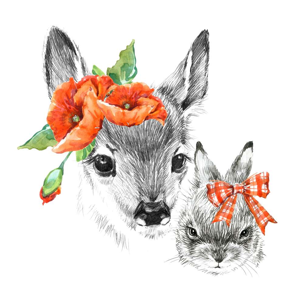 картина-постер Олененок с маками возле уха и зайчик с бантиком