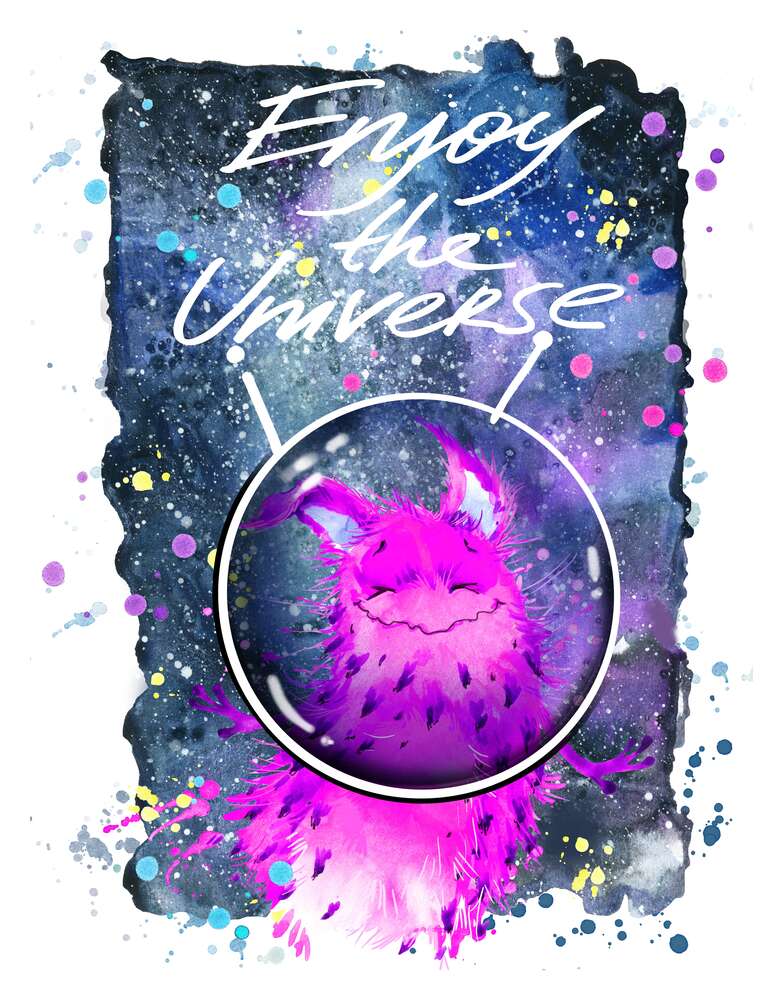 картина-постер Рожевий монстр в шоломі біля напису "Enjoy the Universe"