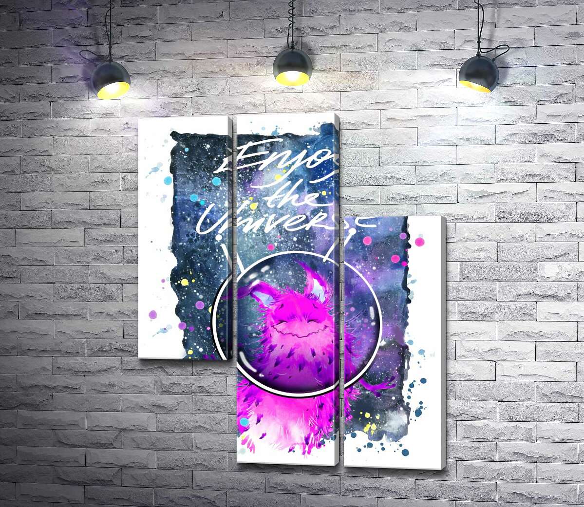 модульна картина Рожевий монстр в шоломі біля напису "Enjoy the Universe" (Модуль №13)