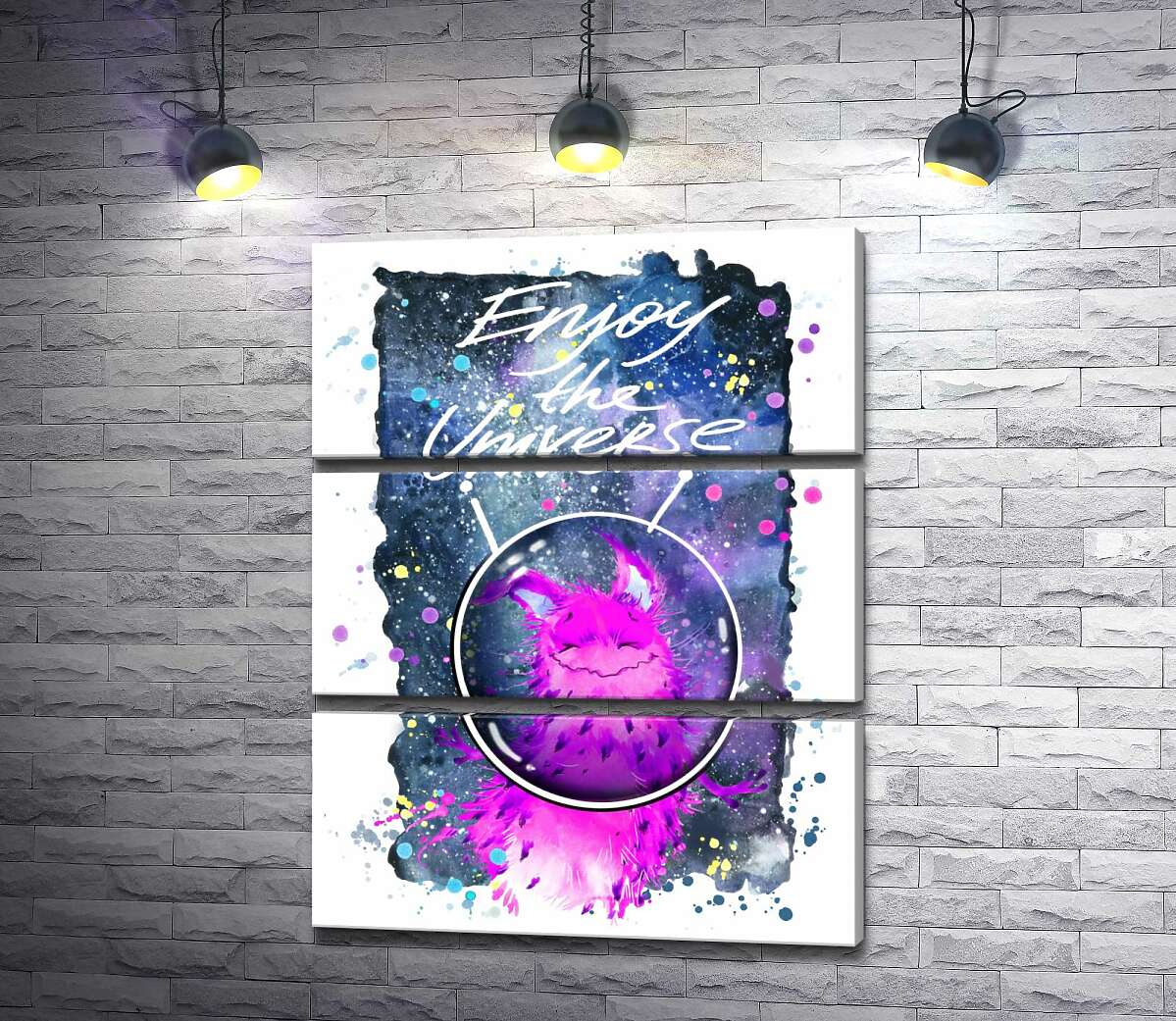 модульна картина Рожевий монстр в шоломі біля напису "Enjoy the Universe" (Модуль №15)