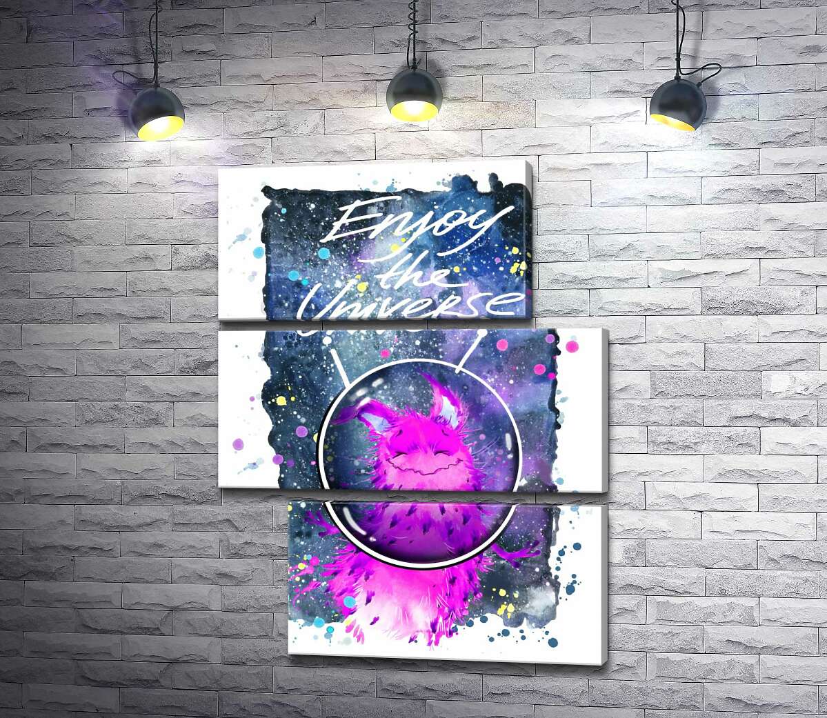 модульна картина Рожевий монстр в шоломі біля напису "Enjoy the Universe" (Модуль №16)