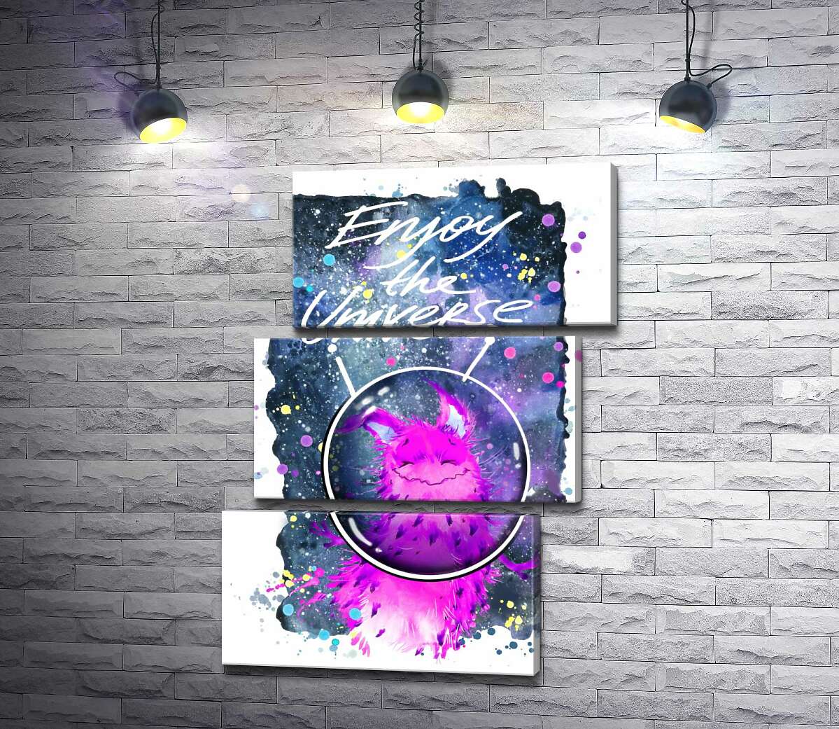 модульна картина Рожевий монстр в шоломі біля напису "Enjoy the Universe" (Модуль №17)