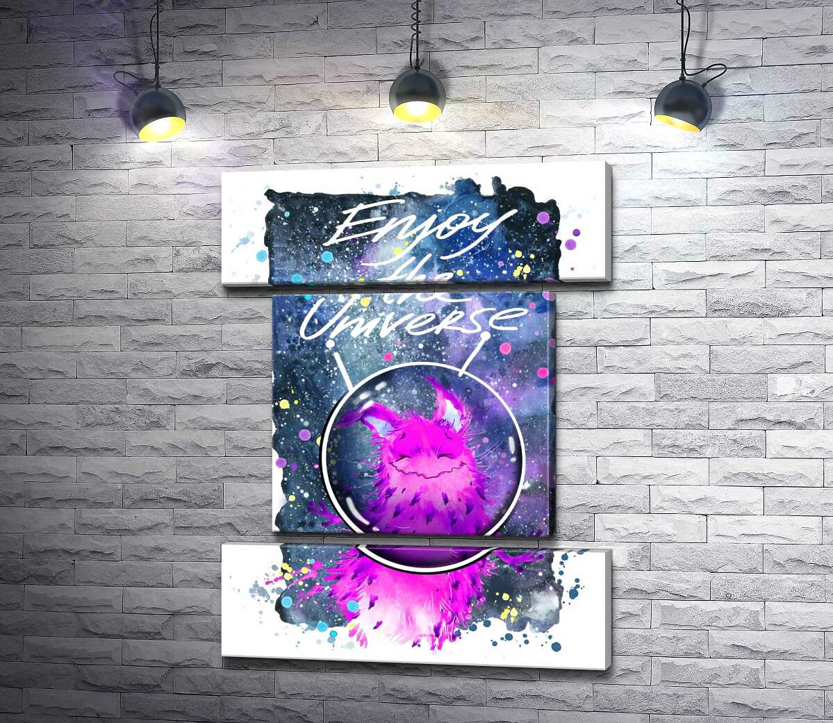 модульна картина Рожевий монстр в шоломі біля напису "Enjoy the Universe" (Модуль №18)