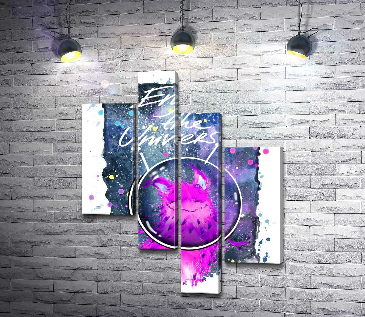 модульна картина Рожевий монстр в шоломі біля напису "Enjoy the Universe" (Модуль №21)