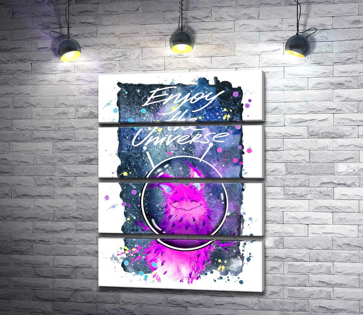 модульная картина Розовый монстр в шлеме возле надписи "Enjoy the Universe" (Модуль №22)