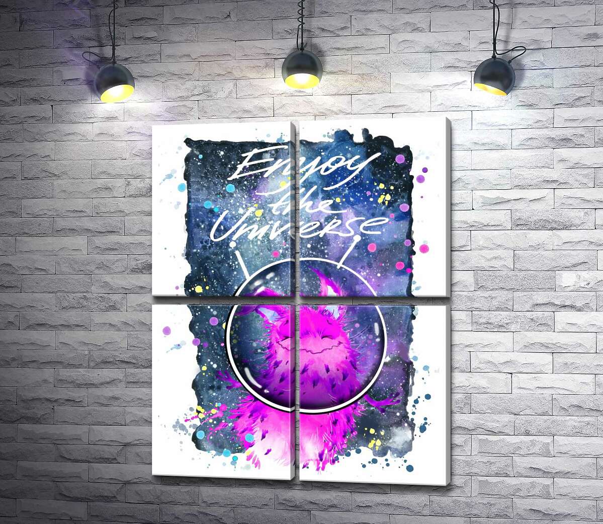 модульная картина Розовый монстр в шлеме возле надписи "Enjoy the Universe" (Модуль №25)