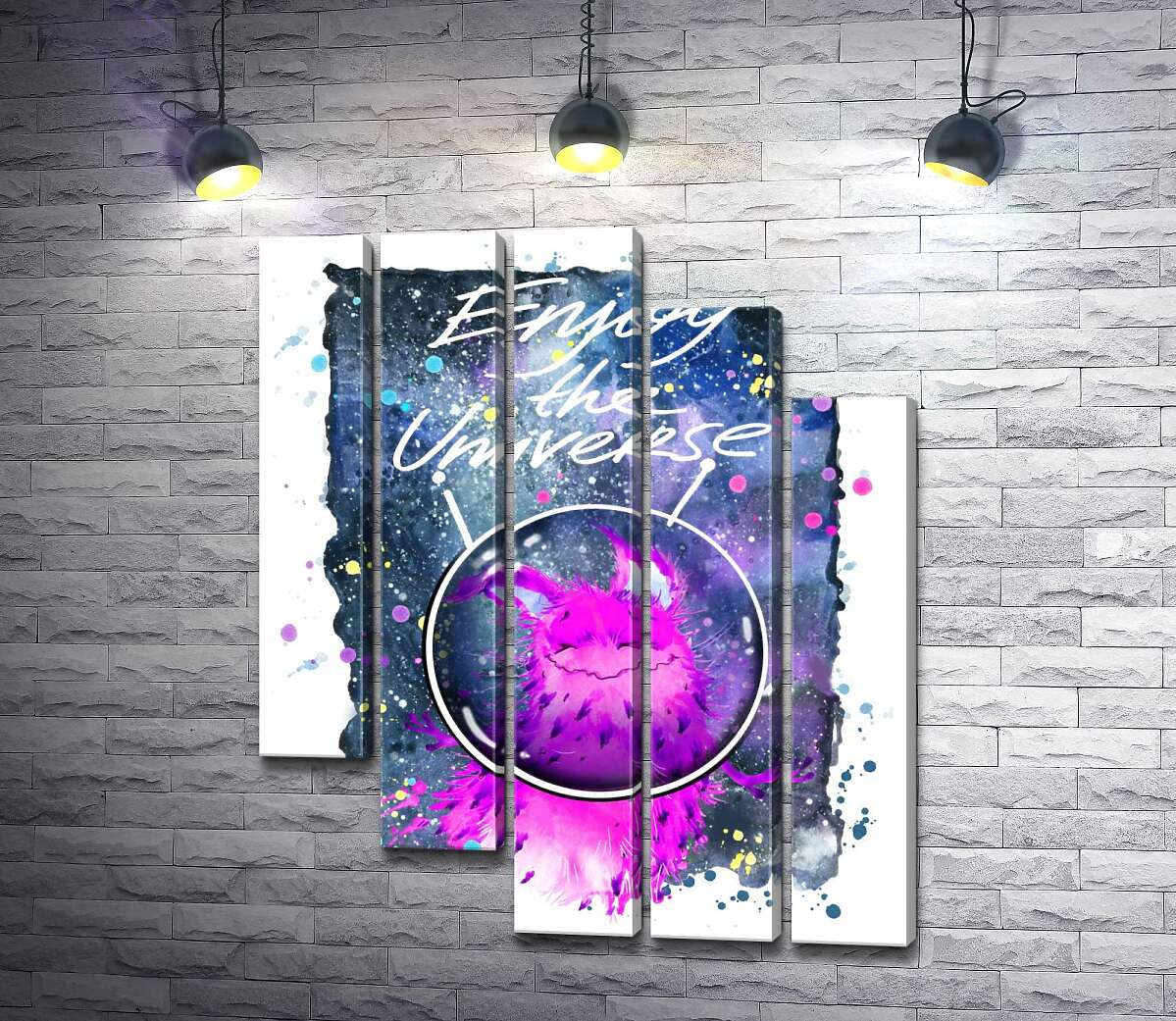 модульная картина Розовый монстр в шлеме возле надписи "Enjoy the Universe" (Модуль №28)