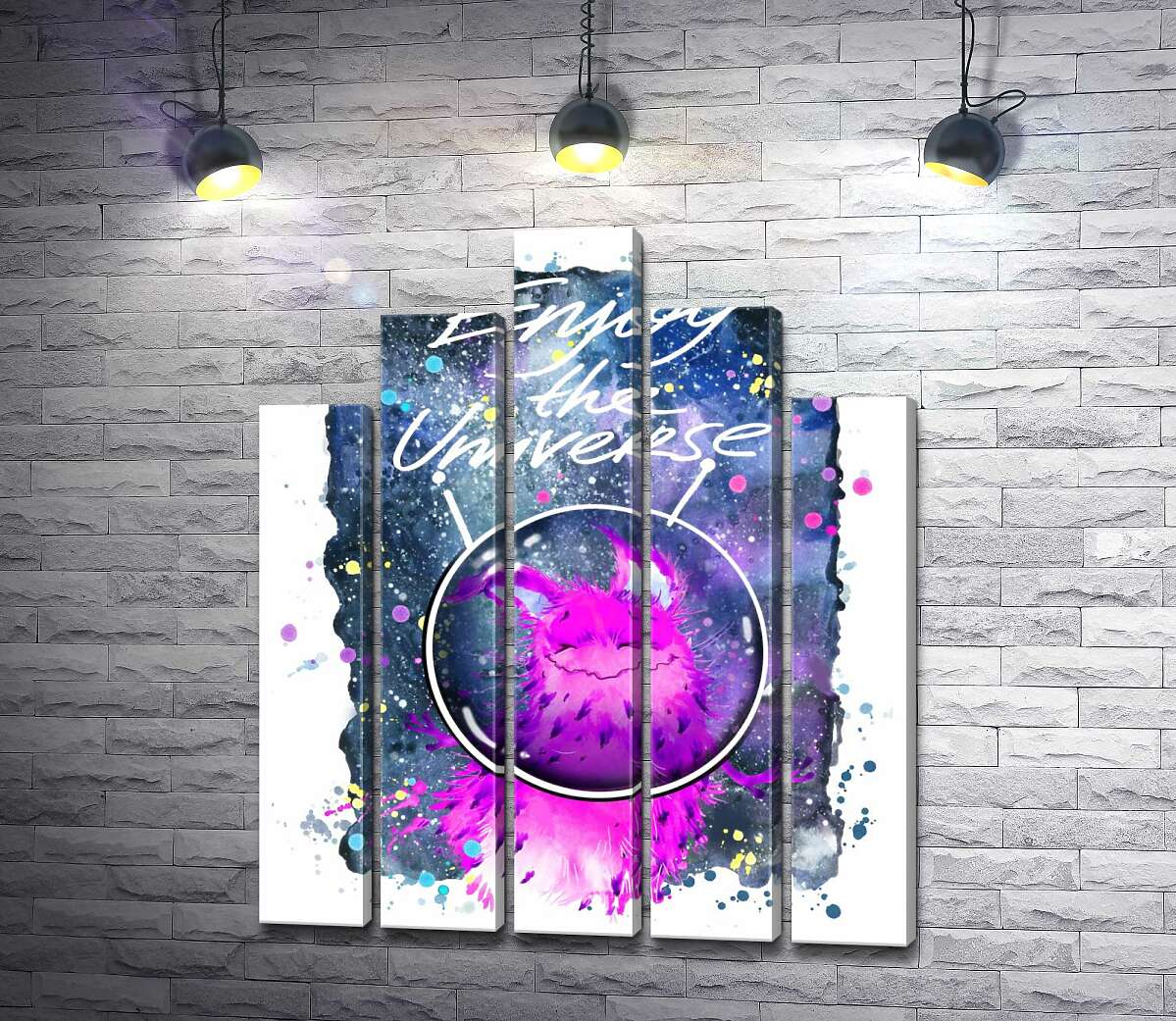 модульна картина Рожевий монстр в шоломі біля напису "Enjoy the Universe" (Модуль №29)