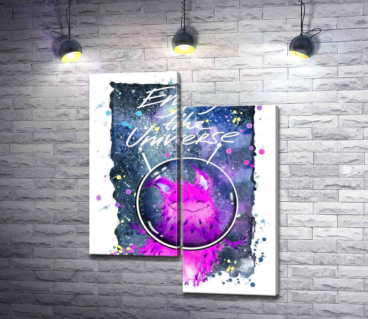 модульна картина Рожевий монстр в шоломі біля напису "Enjoy the Universe" (Модуль №9)
